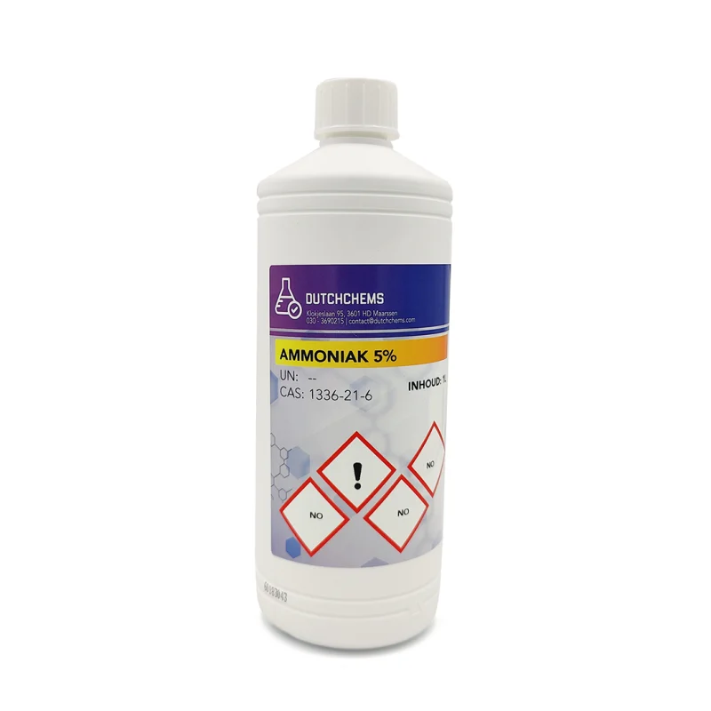 Plastic bottle labeled for 5% cleaning ammonia, with safety icons.