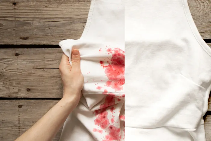 Een wit kledingstuk met bloedvlekken aan de linkerkant en een schoon gedeelte aan de rechterkant
